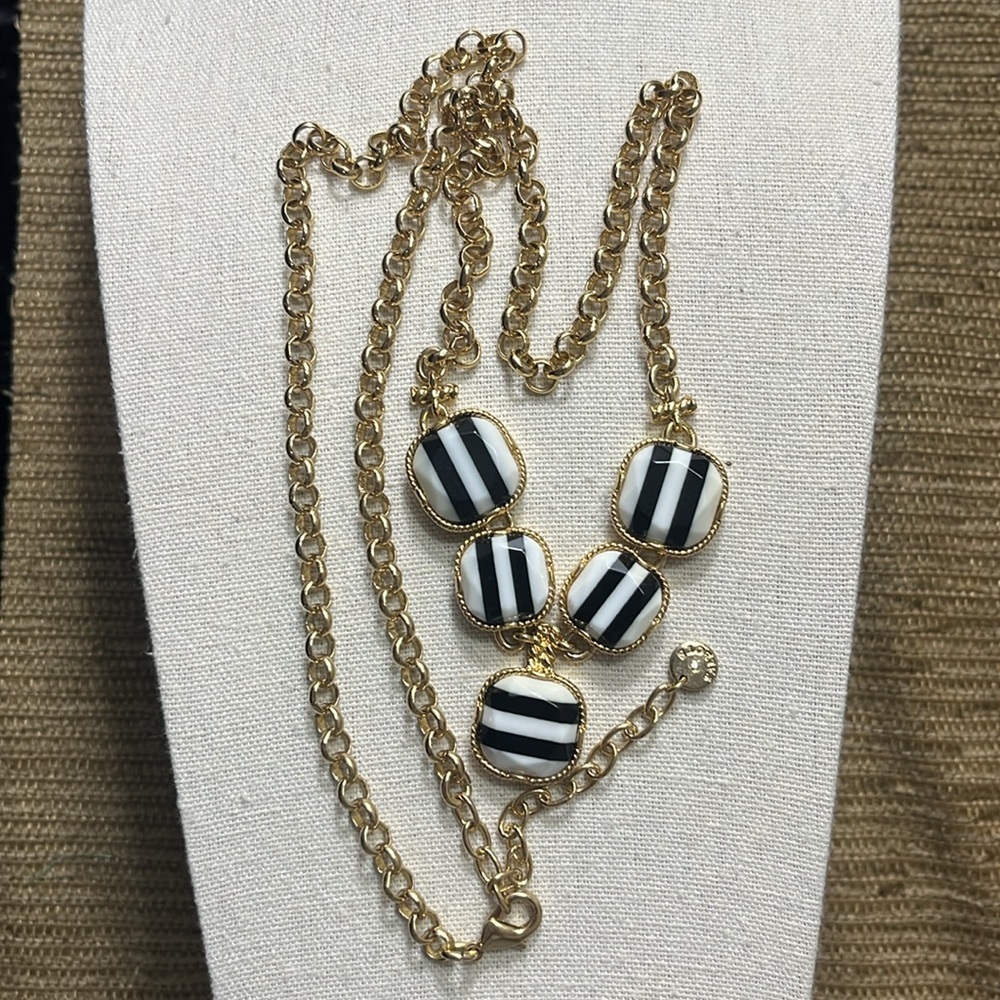 Vintage Talbots Striped Black & White Zebra Beaded Gold Tone V Shaped Necklace